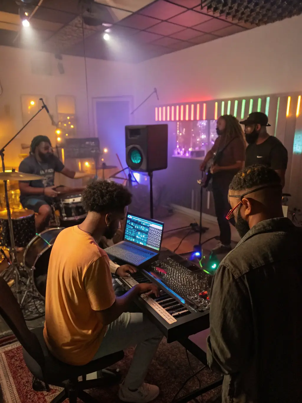 A vibrant image of a BESP RECORDS workshop in progress, showing diverse participants engaged in a creative activity, such as music production or visual arts, reflecting the organization's commitment to inclusive artistic development.