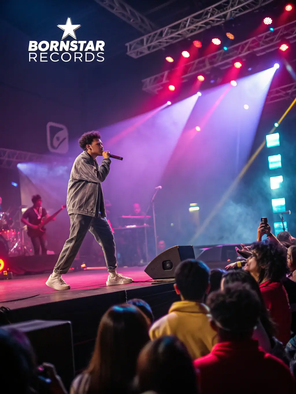 A photo of a BESP RECORDS-sponsored concert, featuring a local artist performing on stage, with an enthusiastic audience enjoying the music. The lighting is dynamic and engaging.