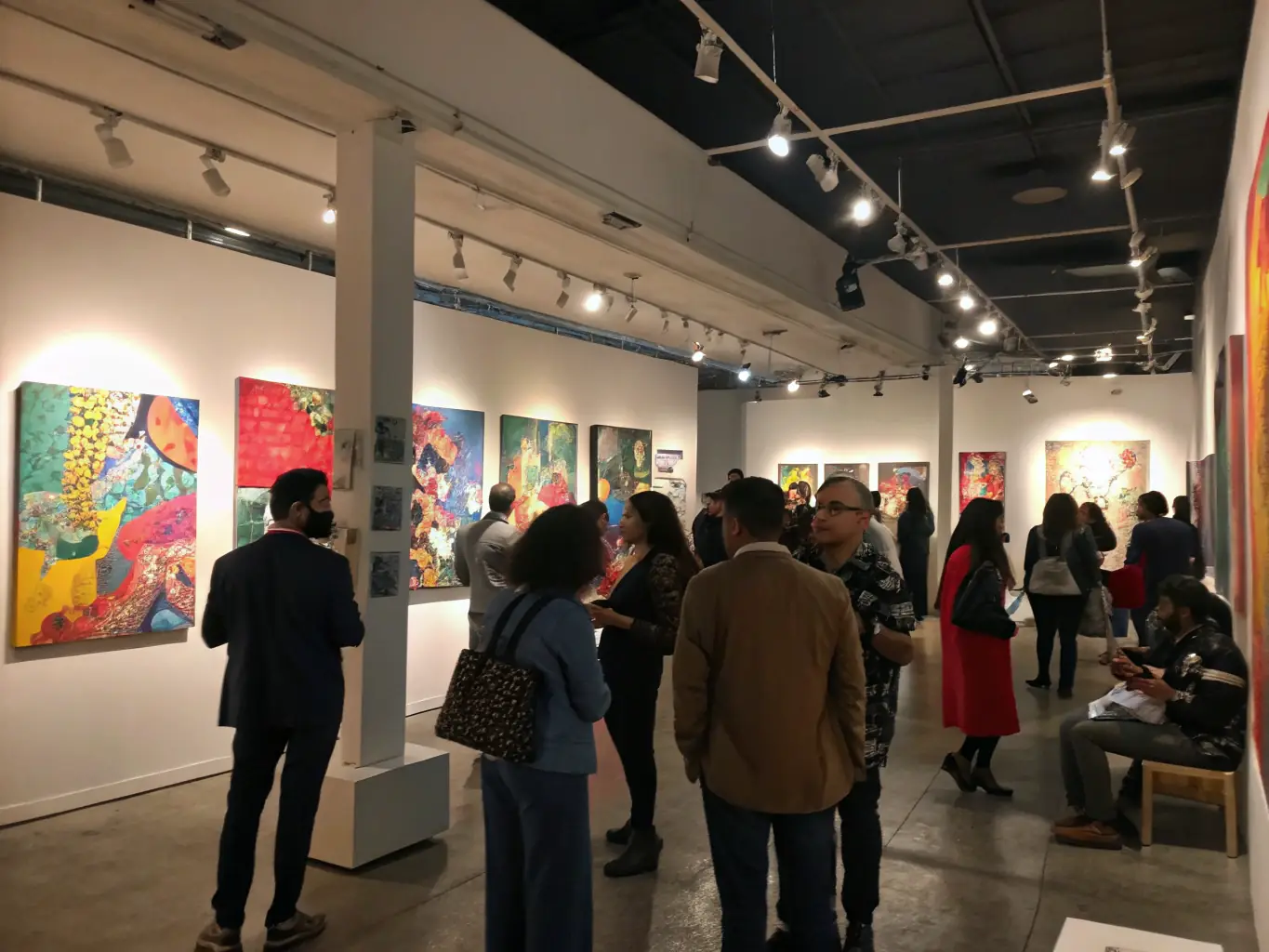 A captivating image of a BESP RECORDS-sponsored art exhibition, featuring a diverse collection of artwork and attendees engaging with the art and artists.