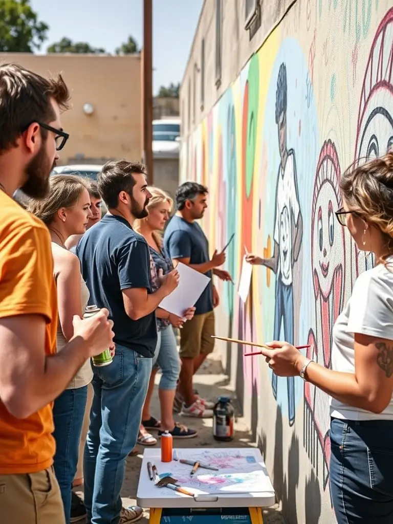 An image of BESP RECORDS members collaborating on a community art project, such as a mural or public installation, highlighting the organization's dedication to community engagement and artistic expression.