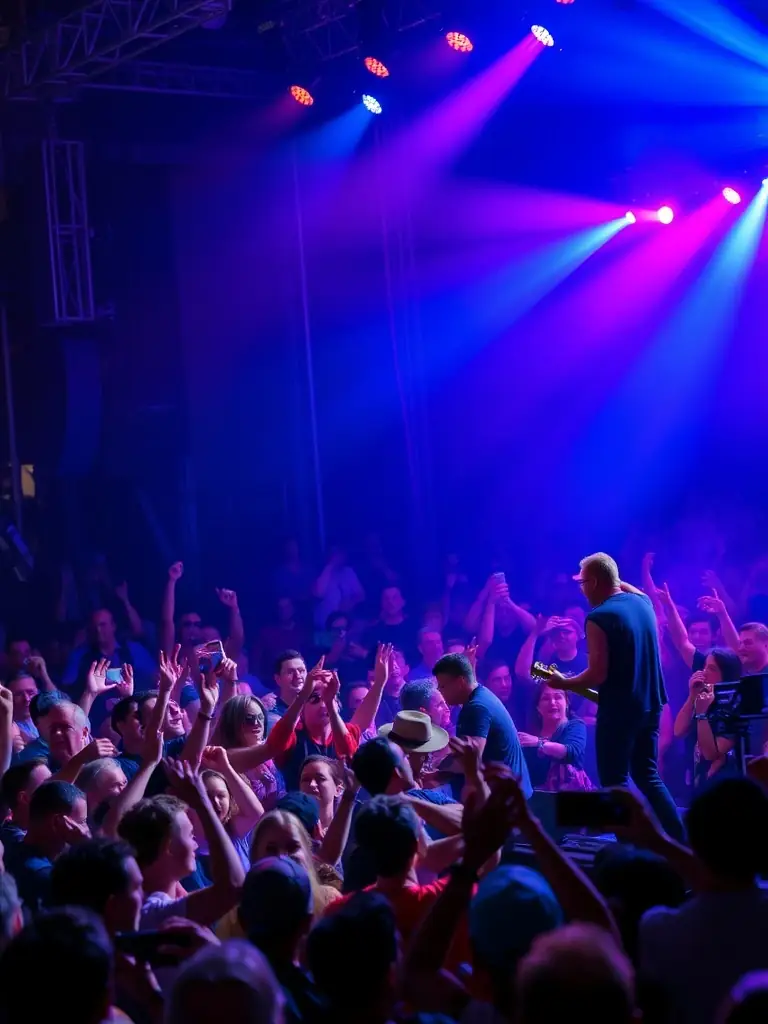 A photograph capturing a live performance organized by BESP RECORDS, showcasing local artists on stage and an enthusiastic audience, emphasizing the organization's role in promoting cultural events.