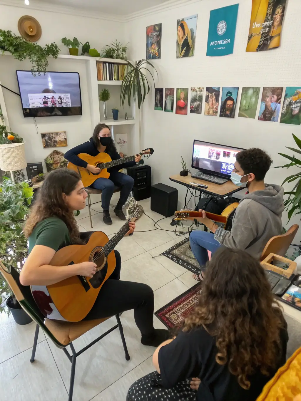 A vibrant image of a BESP RECORDS workshop, showing young artists collaborating on a music project, with instruments and recording equipment visible in the background. The atmosphere is energetic and creative.