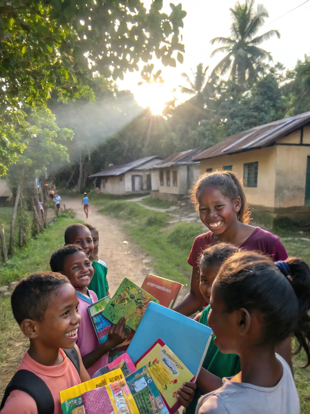 An image of a BESP RECORDS community outreach program, showing volunteers distributing musical instruments and educational materials to underprivileged children. The scene is heartwarming and impactful.