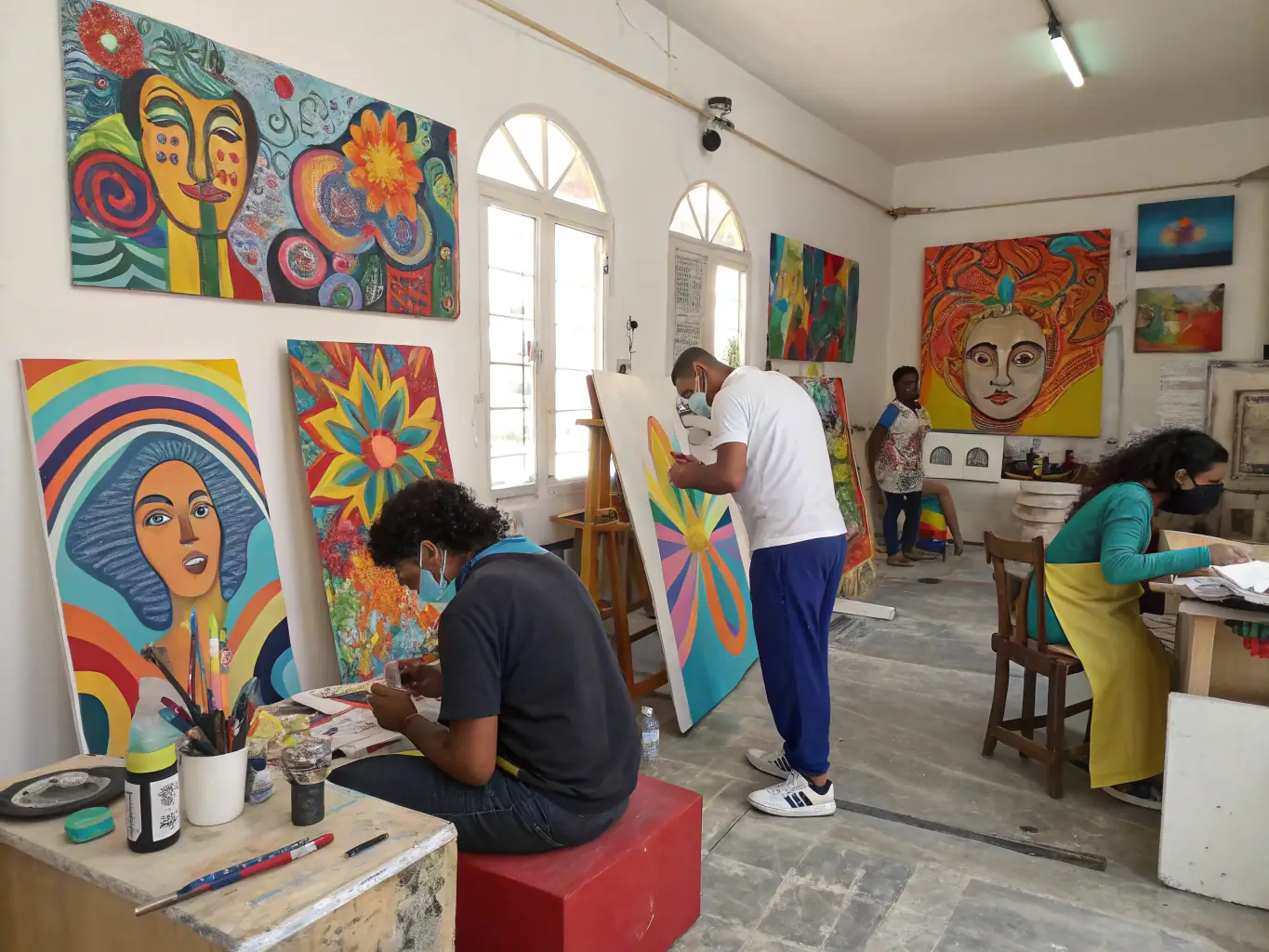 A vibrant photograph capturing a BESP RECORDS workshop in progress, showcasing artists collaborating and creating artwork in a dynamic and supportive environment.