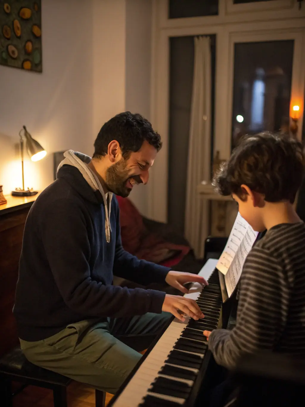 A picture of a BESP RECORDS artist development session, featuring a mentor providing guidance and feedback to a young musician. The interaction is supportive and encouraging.